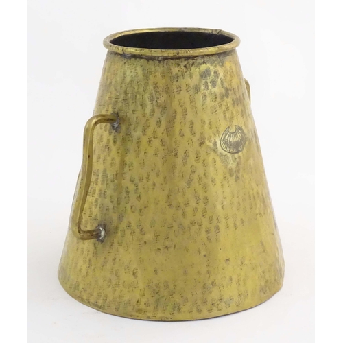 1101 - An early 20thC Basque Mugaritz brass milk pail, decorated with the municipal arms of Pau (Pyranees A... 