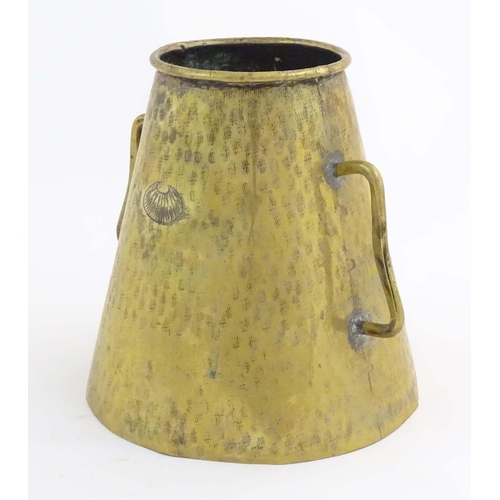 1101 - An early 20thC Basque Mugaritz brass milk pail, decorated with the municipal arms of Pau (Pyranees A... 