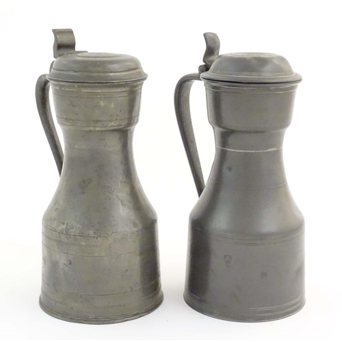 1102 - Four items of 19thC pewter, comprising two tygs, each approx. 8 3/8