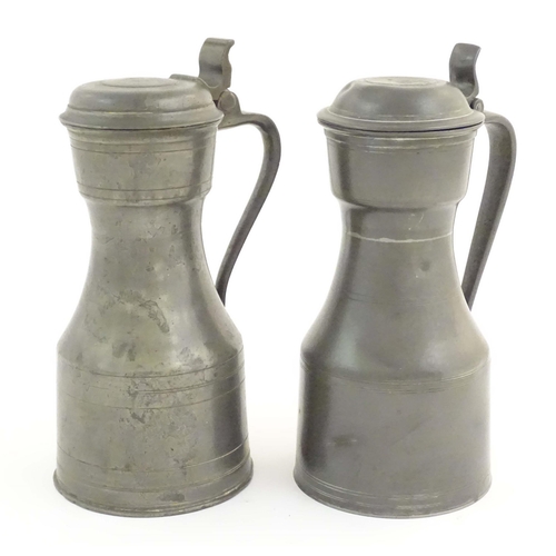 1102 - Four items of 19thC pewter, comprising two tygs, each approx. 8 3/8