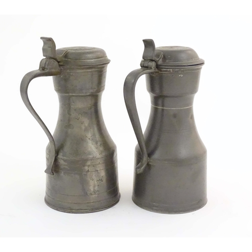 1102 - Four items of 19thC pewter, comprising two tygs, each approx. 8 3/8