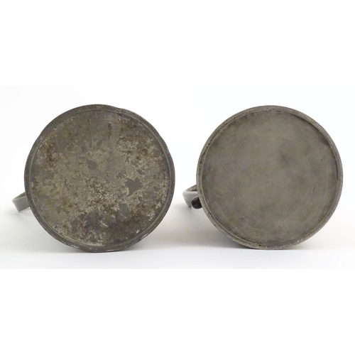 1102 - Four items of 19thC pewter, comprising two tygs, each approx. 8 3/8