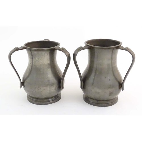 1102 - Four items of 19thC pewter, comprising two tygs, each approx. 8 3/8