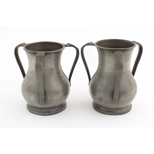 1102 - Four items of 19thC pewter, comprising two tygs, each approx. 8 3/8