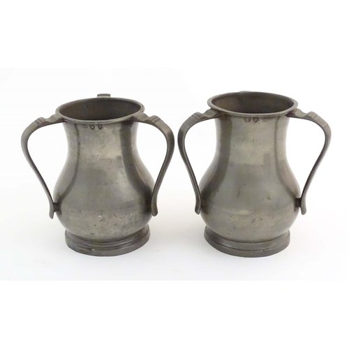 1102 - Four items of 19thC pewter, comprising two tygs, each approx. 8 3/8