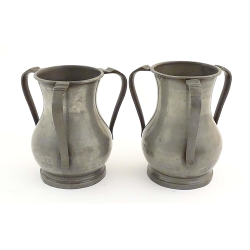 1102 - Four items of 19thC pewter, comprising two tygs, each approx. 8 3/8