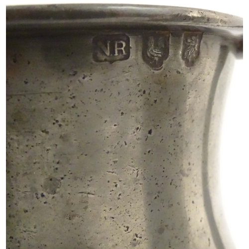 1102 - Four items of 19thC pewter, comprising two tygs, each approx. 8 3/8