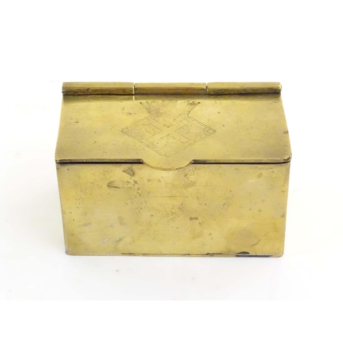 1105 - A mid 20thC brass tea caddy, the hinged lid decorated with the arms of HMS Caledonia (shore establis... 