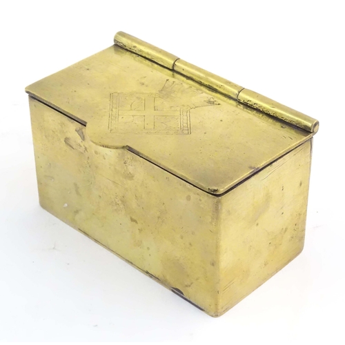 1105 - A mid 20thC brass tea caddy, the hinged lid decorated with the arms of HMS Caledonia (shore establis... 