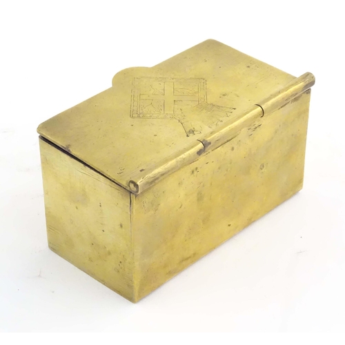 1105 - A mid 20thC brass tea caddy, the hinged lid decorated with the arms of HMS Caledonia (shore establis... 