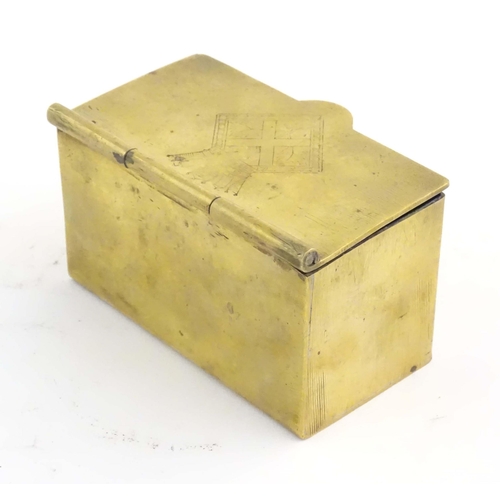 1105 - A mid 20thC brass tea caddy, the hinged lid decorated with the arms of HMS Caledonia (shore establis... 