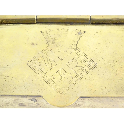 1105 - A mid 20thC brass tea caddy, the hinged lid decorated with the arms of HMS Caledonia (shore establis... 