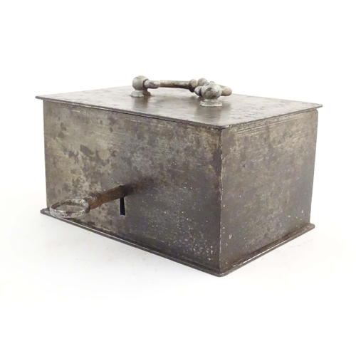 1134 - A Victorian small proportion steel strongbox of rectangular form with red painted interior. Approx. ... 