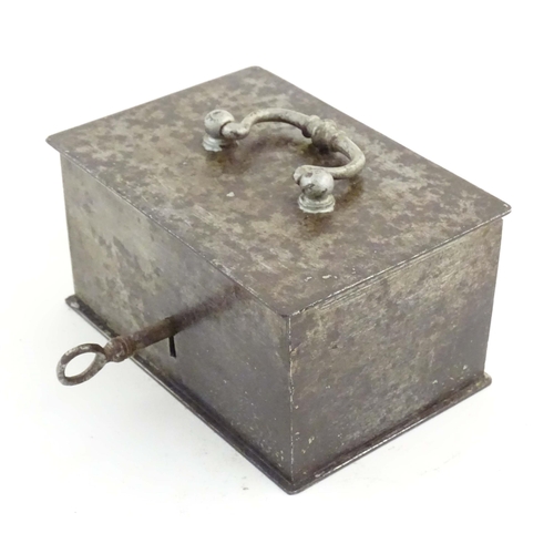 1134 - A Victorian small proportion steel strongbox of rectangular form with red painted interior. Approx. ... 