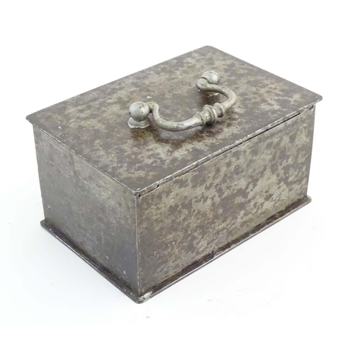 1134 - A Victorian small proportion steel strongbox of rectangular form with red painted interior. Approx. ... 