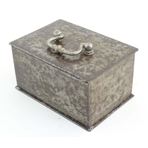 1134 - A Victorian small proportion steel strongbox of rectangular form with red painted interior. Approx. ... 