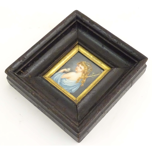 1139 - A 19thC watercolour portrait miniature depicting a Bacchante / a female Bacchanalian figure with fru... 