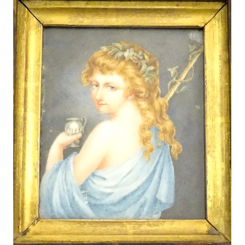 1139 - A 19thC watercolour portrait miniature depicting a Bacchante / a female Bacchanalian figure with fru... 