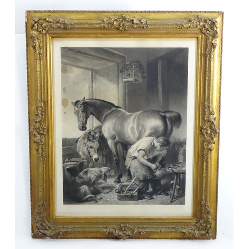 1681 - After Sir Edwin Landseer (1802-1873), Monochrome engraving, Shoeing, A farrier / blacksmith shoeing ... 