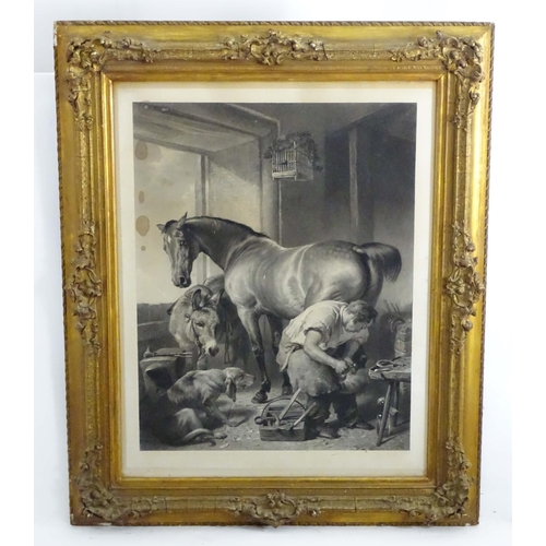 1681 - After Sir Edwin Landseer (1802-1873), Monochrome engraving, Shoeing, A farrier / blacksmith shoeing ... 