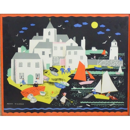 1686 - After Peggy Wickham (1909-1978), Colour print, Spanish Fishing Village, depicting a beach scene with... 