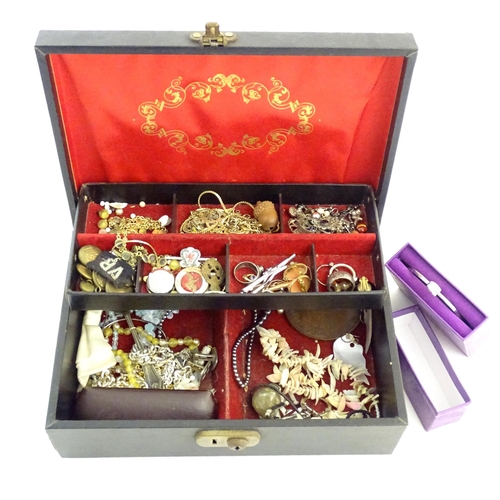 759 - A jewellery box containing assorted costume jewellery together with some silver jewellery, a shell c... 