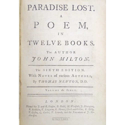 899 - Books: Paradise Lost, A poem in twelve books, vols I & II, by John Milton. Published London, 1763 (2... 