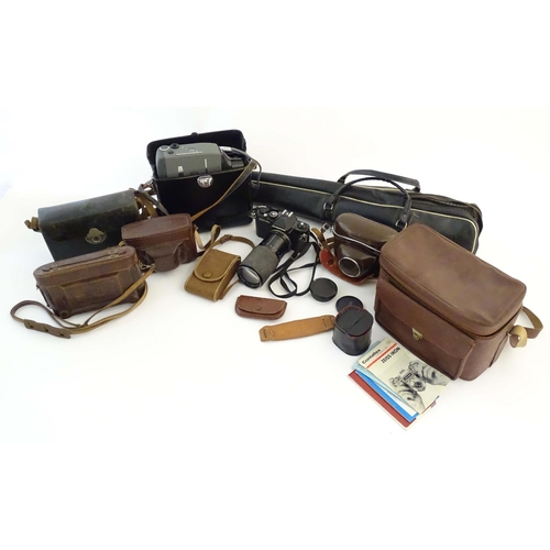 1165 - A quantity of 20thC film cameras and equipment, comprising: a Canon 8-2 cinecamera, a cased Braun Pa... 