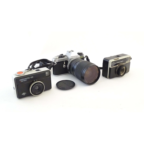 1166 - A quantity of 20thC cameras, comprising: a Pentax ME Super SLR 35mm film camera (fitted with a Mitak... 