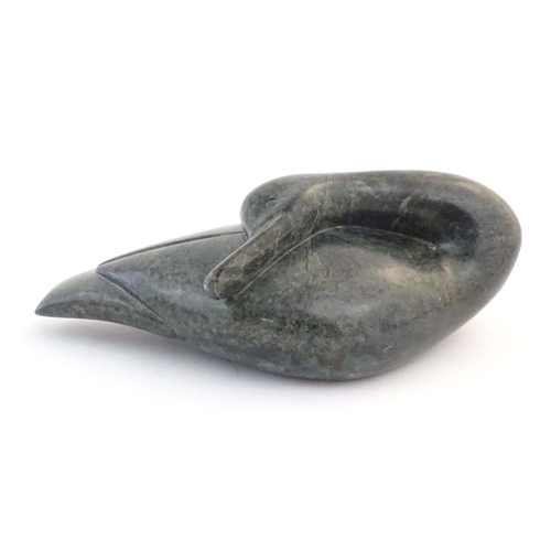 1170 - A 21stC carved hardstone model of a duck by African sculptor Chamu Rumano. Signed under. Approx. 10 ... 