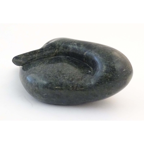 1170 - A 21stC carved hardstone model of a duck by African sculptor Chamu Rumano. Signed under. Approx. 10 ... 