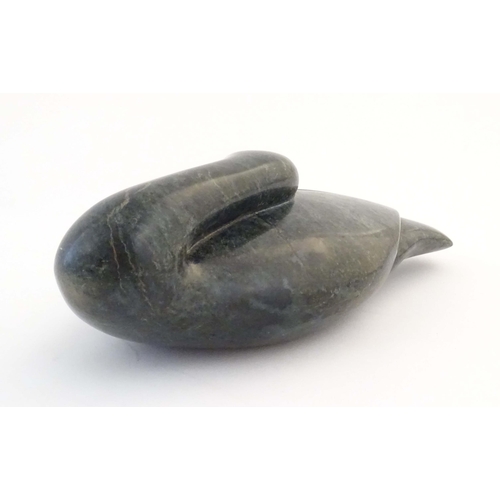 1170 - A 21stC carved hardstone model of a duck by African sculptor Chamu Rumano. Signed under. Approx. 10 ... 