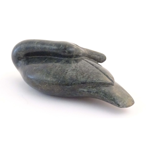 1170 - A 21stC carved hardstone model of a duck by African sculptor Chamu Rumano. Signed under. Approx. 10 ... 