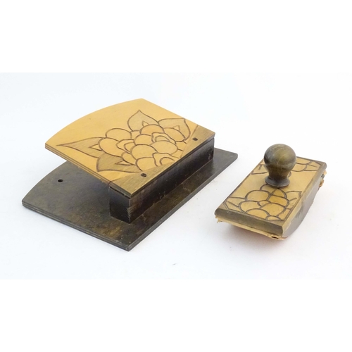 1175 - An early 20thC wall hanging letter rack and ink blotter with incised flower decoration. Letter rack ... 