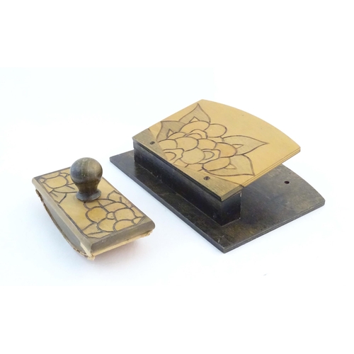 1175 - An early 20thC wall hanging letter rack and ink blotter with incised flower decoration. Letter rack ... 