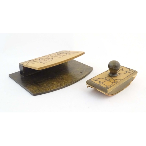 1175 - An early 20thC wall hanging letter rack and ink blotter with incised flower decoration. Letter rack ... 