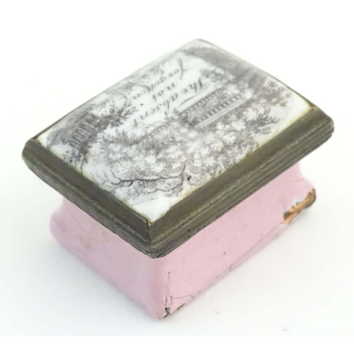 1203 - A 19thC Bilston / Battersea enamel patch box of rectangular form with a waisted body, the lid decora... 