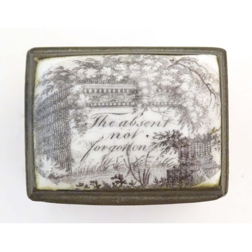 1203 - A 19thC Bilston / Battersea enamel patch box of rectangular form with a waisted body, the lid decora... 