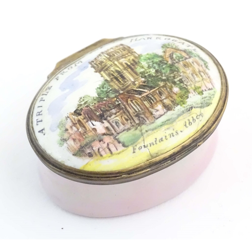 1204 - A 19thC Bilston / Battersea enamel pill box of oval form, the lid decorated with a hand painted view... 