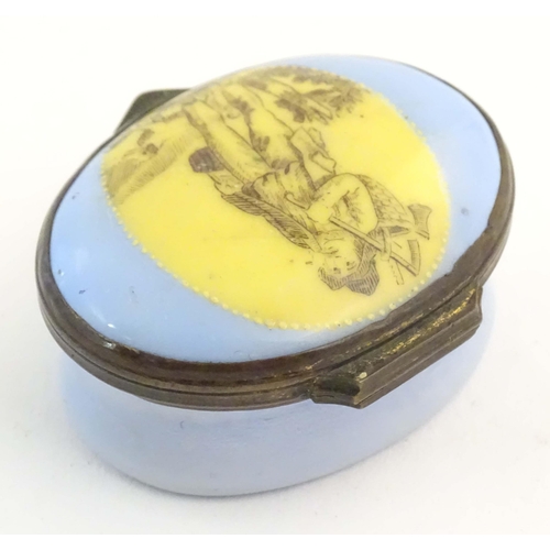 1205 - A 19thC Bilston / Battersea enamel patch box of oval form, the lid decorated with a huntsman and his... 