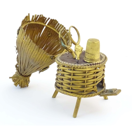 1223 - A 19thC gilt metal novelty sewing / needlework necessaire / etui modelled as beehive / skep with a s... 