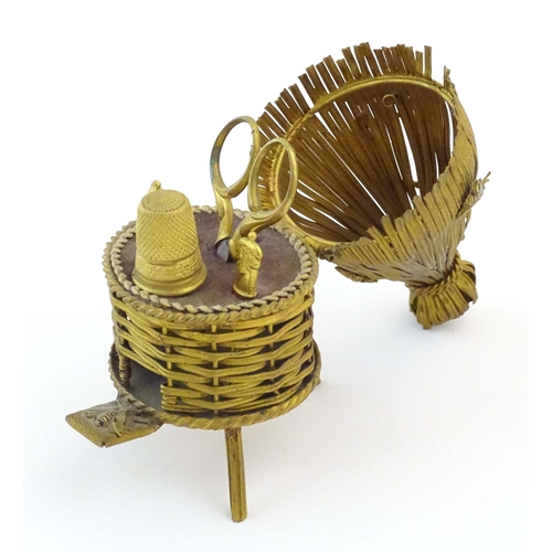 1223 - A 19thC gilt metal novelty sewing / needlework necessaire / etui modelled as beehive / skep with a s... 