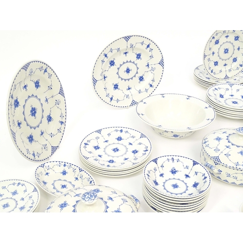 205 - A quantity of blue and white tea and dinner wares in the pattern Denmark / Blue Denmark with floral ... 