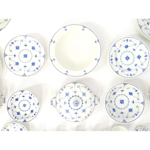 205 - A quantity of blue and white tea and dinner wares in the pattern Denmark / Blue Denmark with floral ... 