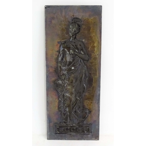 1006 - A 20th century cast metal plaque depicting the god Mercury / Hermes in relief with his caduceus staf... 