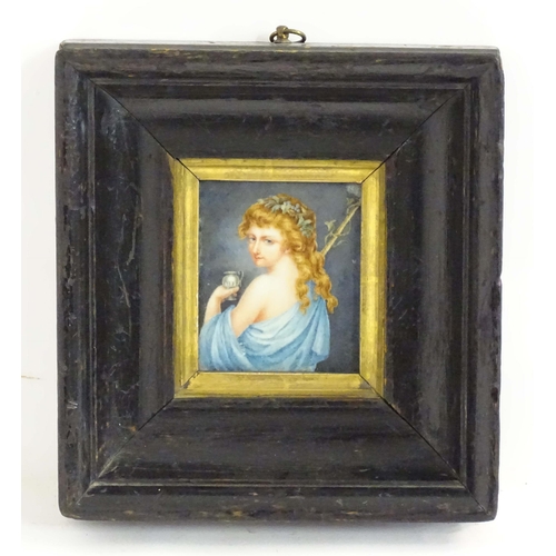 1139 - A 19thC watercolour portrait miniature depicting a Bacchante / a female Bacchanalian figure with fru... 