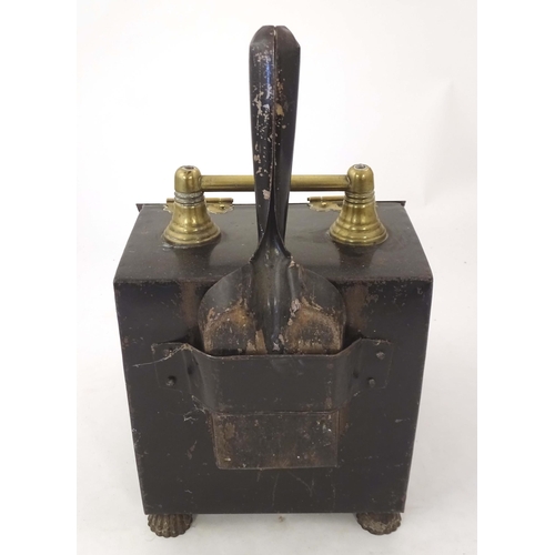 2091 - A late 19thC tin coal scuttle, with brass handle and hinges, in black painted finish, the lid decora... 