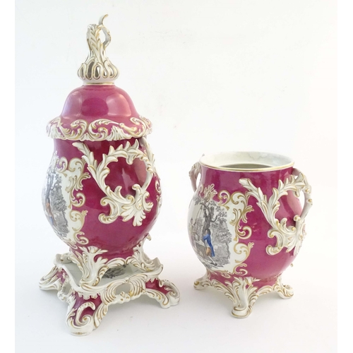 219 - A Continental twin handled lidded vase on stand with relief scrolling decoration with vignettes depi... 