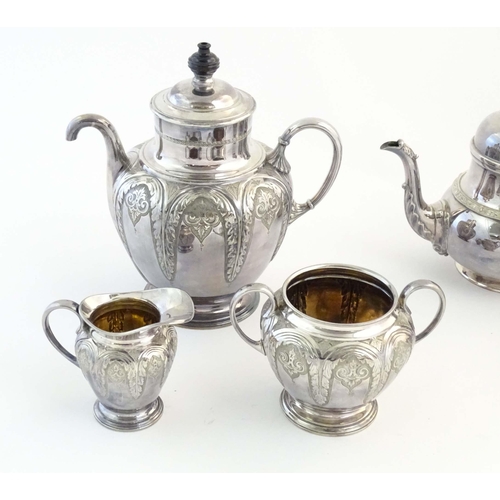 554 - A three piece silver plate tea set comprising teapot, sugar bowl and cream jug, the teapot marked un... 