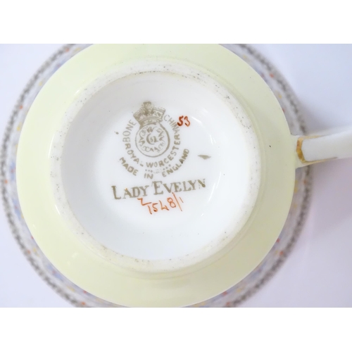 288 - A cased set of six Royal Worcester tea cups and saucers in the Lady Evelyn pattern, with six Art Dec... 